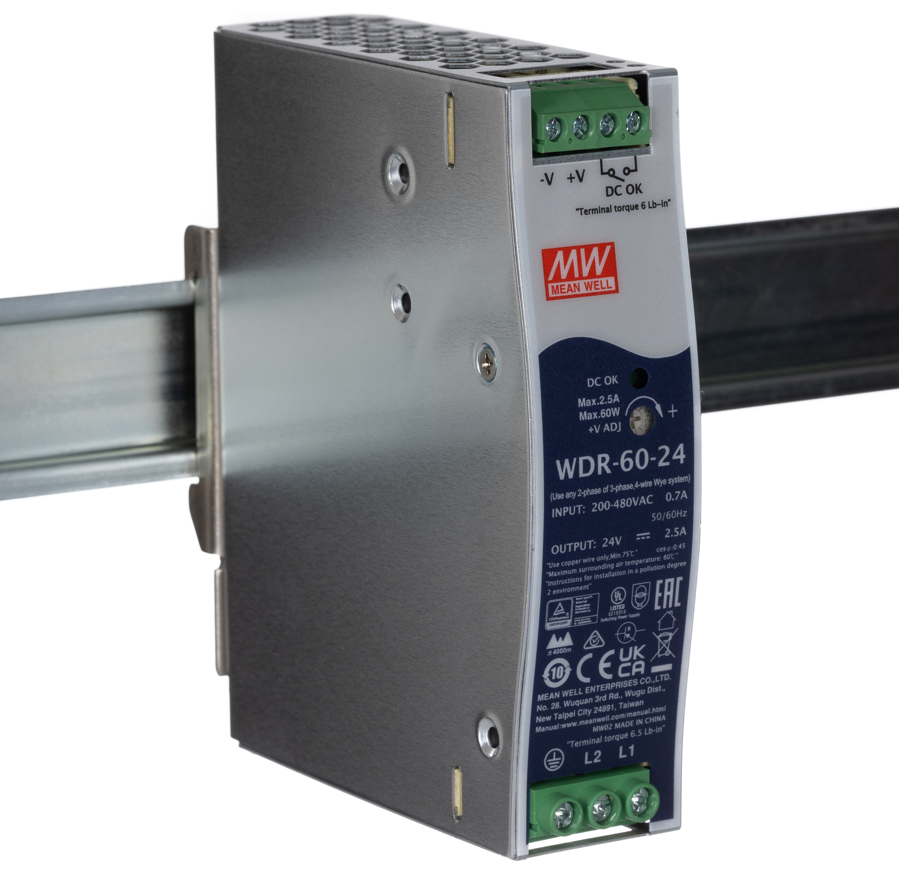 MEAN WELL WDR Switched Mode DIN Rail Power Supply, 180 → 550 V ac / 254 → 780V dc ac, dc Input, 24 V dc