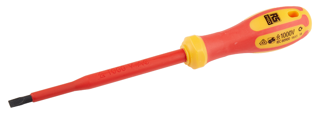 RS PRO Slotted Insulated Screwdriver, 5.5 x 1 mm Tip, 125 mm Blade, VDE/1000V, 225 mm Overall