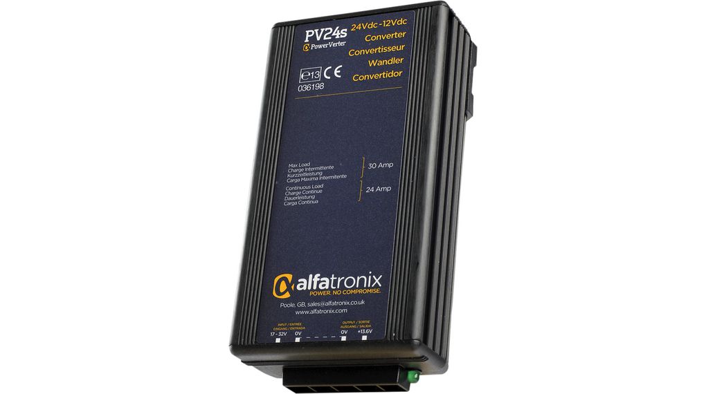 Alfatronix PV DC-DC Converter, 13.6V dc/ 24A Output, 17 → 32 V dc Input, 288W, Clip Mount, +30°C Max Temp -25°C