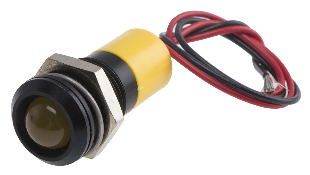 RS PRO Yellow Panel Mount Indicator, 220V ac, 14mm Mounting Hole Size, Lead Wires Termination, IP67