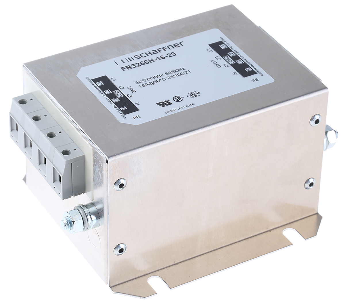 Schaffner, FN3256 16A 520/300 V ac 60Hz, Chassis Mount EMI Filter, Terminal Block 3 Phase