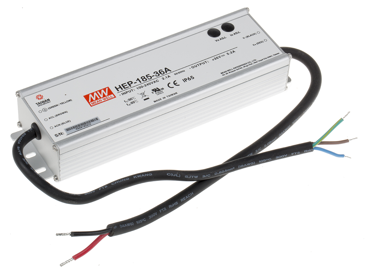 MEAN WELL Switching Power Supply, HEP-185-36A, 36V dc, 5.2A, 187W, 1 Output, 127 → 431 V dc, 90 → 305 V