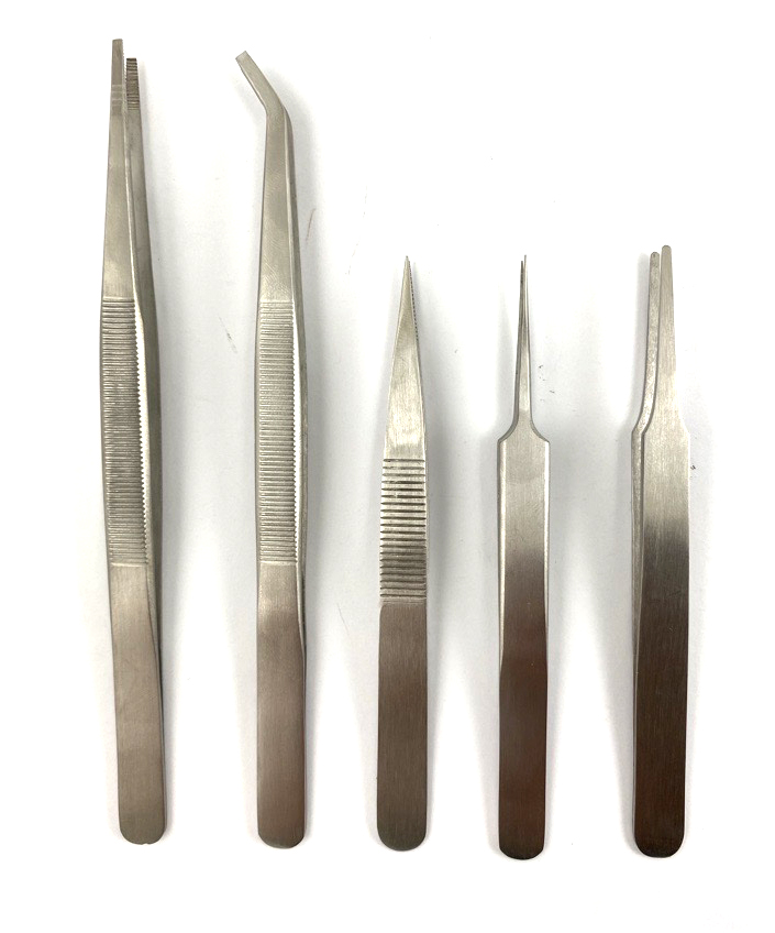 RS PRO 160mm, Low Carbon Austenitic Steel, Flat; Rounded, Tweezer Set