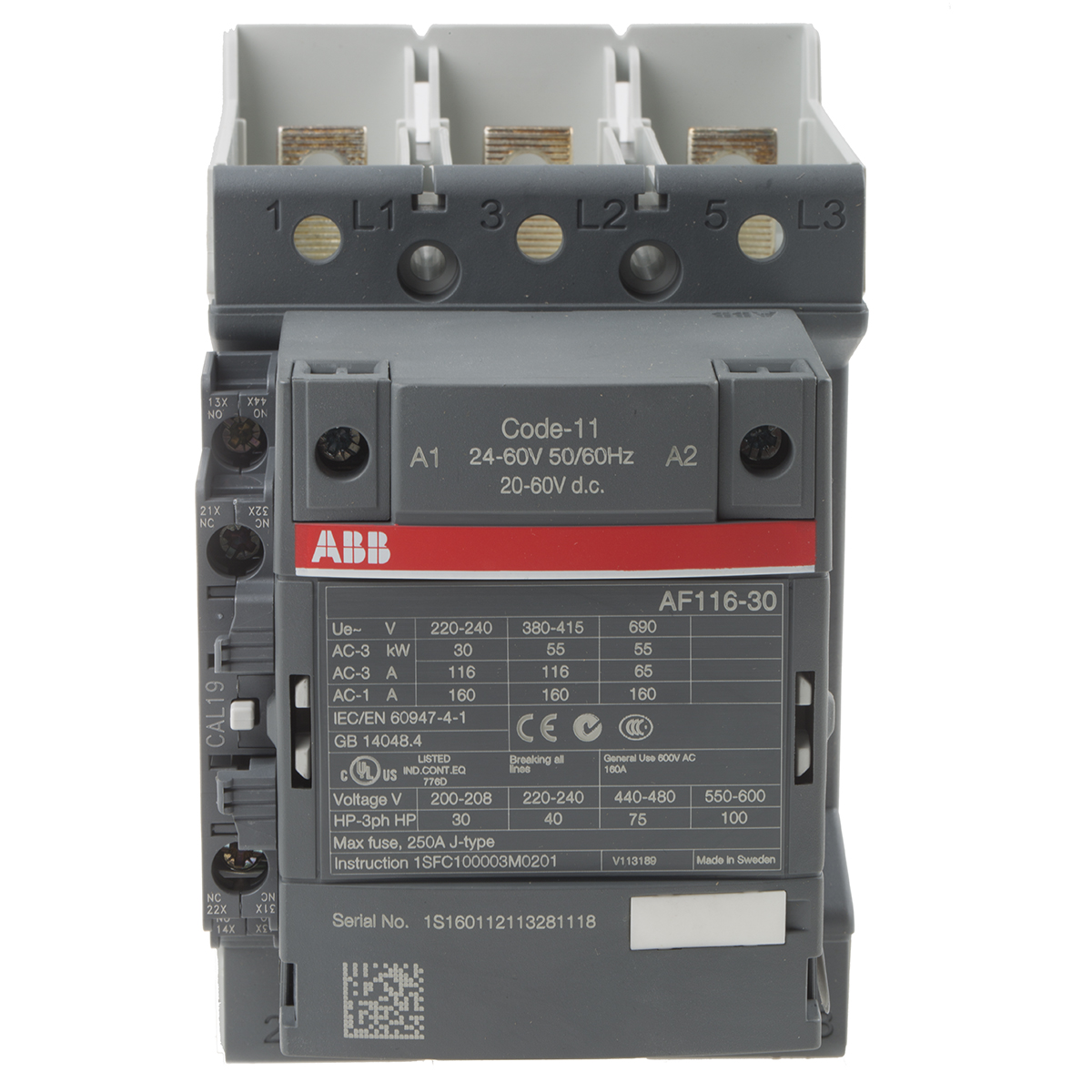 ABB AF116 AF Contactor, 24 V ac/dc Coil, 3-Pole, 160 A, 55 kW, 3NO, 690 V ac