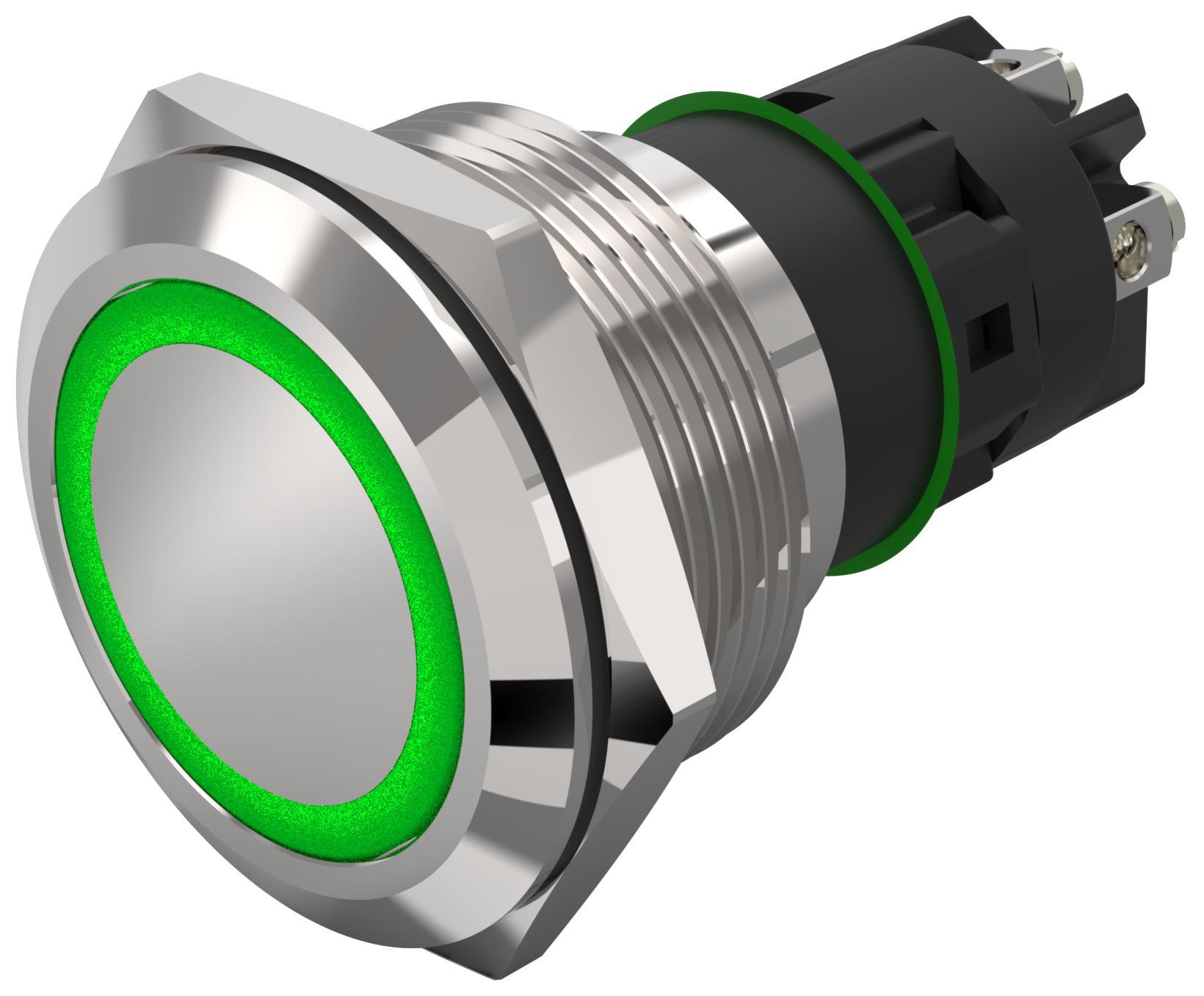 EAO 82 Series Illuminated Illuminated Push Button Switch, Latching, Panel Mount, 22.3mm Cutout, SPDT, Green LED, 240V,