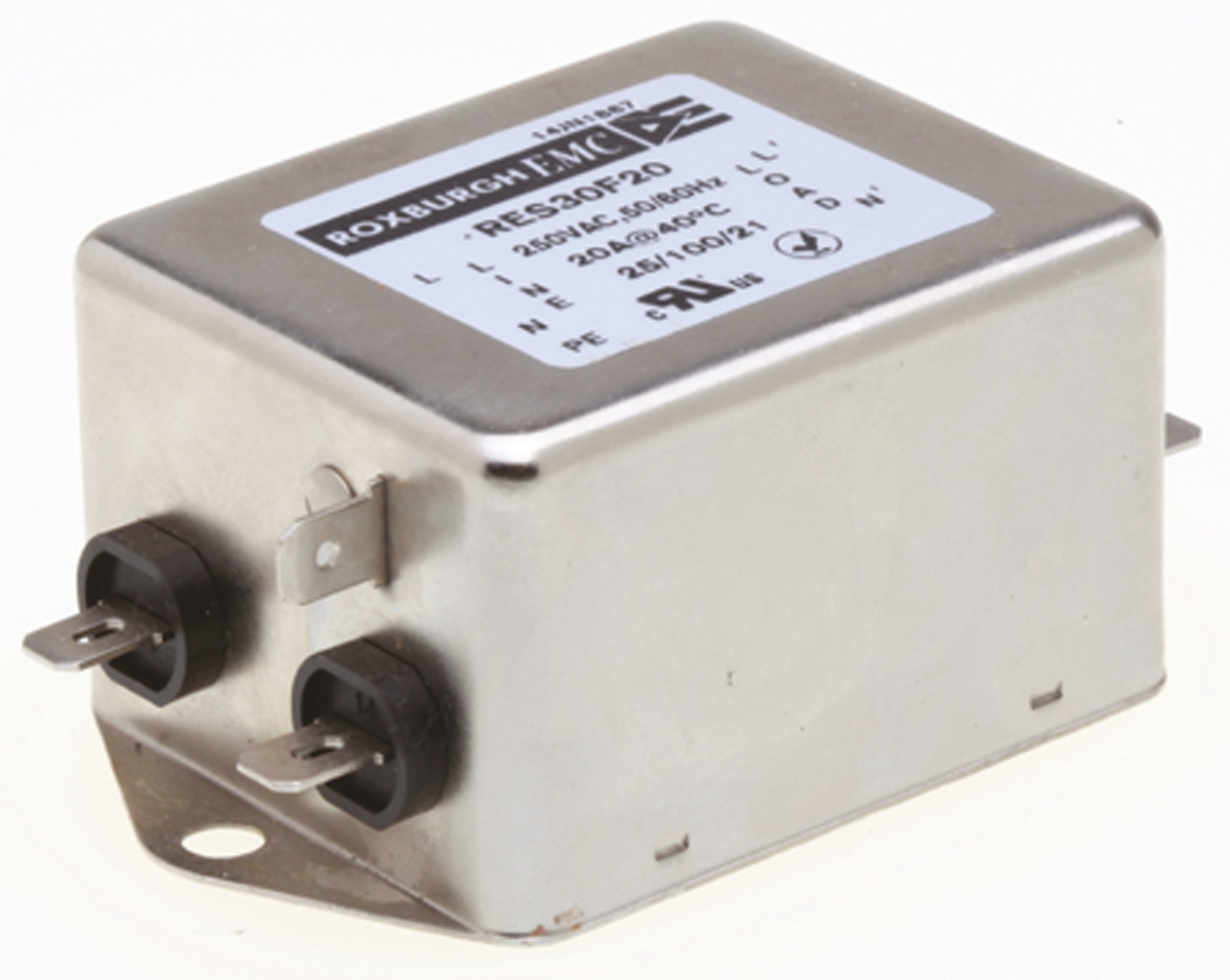 Roxburgh EMC, RES30 20A 250 V ac DC → 400Hz, Chassis Mount RFI Filter, Fast-On, Single Phase