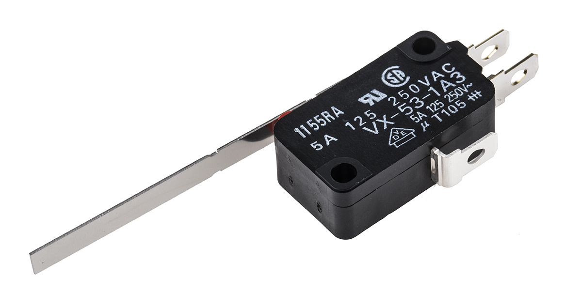 Omron Long Hinge Lever Micro Switch, Solder Terminal, 5 A @ 250 V ac, SPDT, IP40
