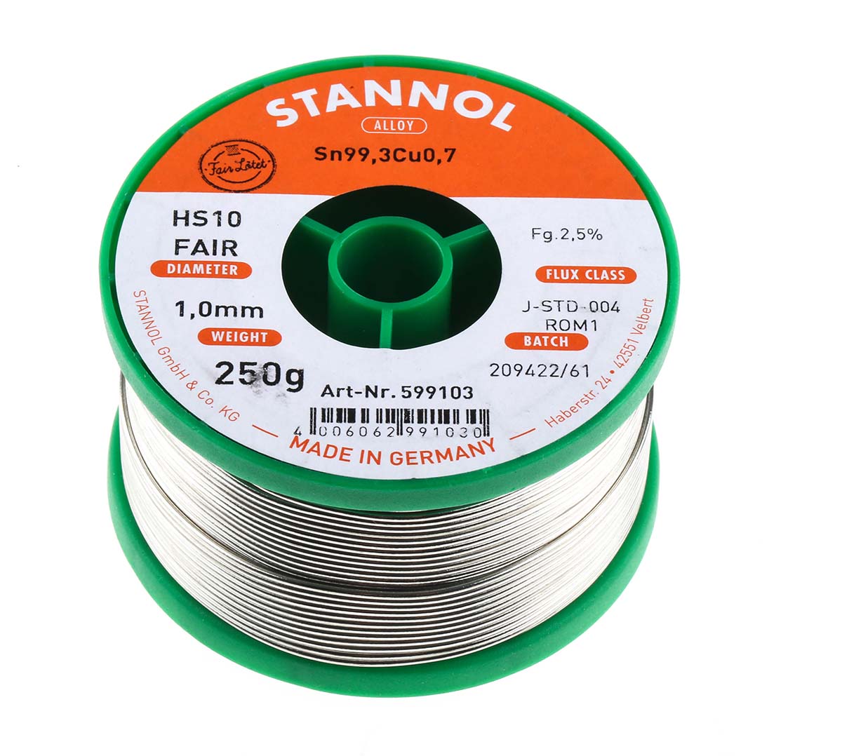 Stannol Wire, 1mm Lead Free Solder, 227°C Melting Point