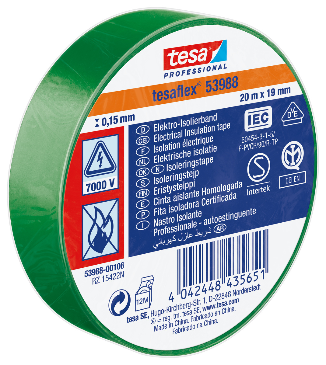 Tesa 53988 Green Soft PVC Electrical Insulation Tape, 19mm x 20m