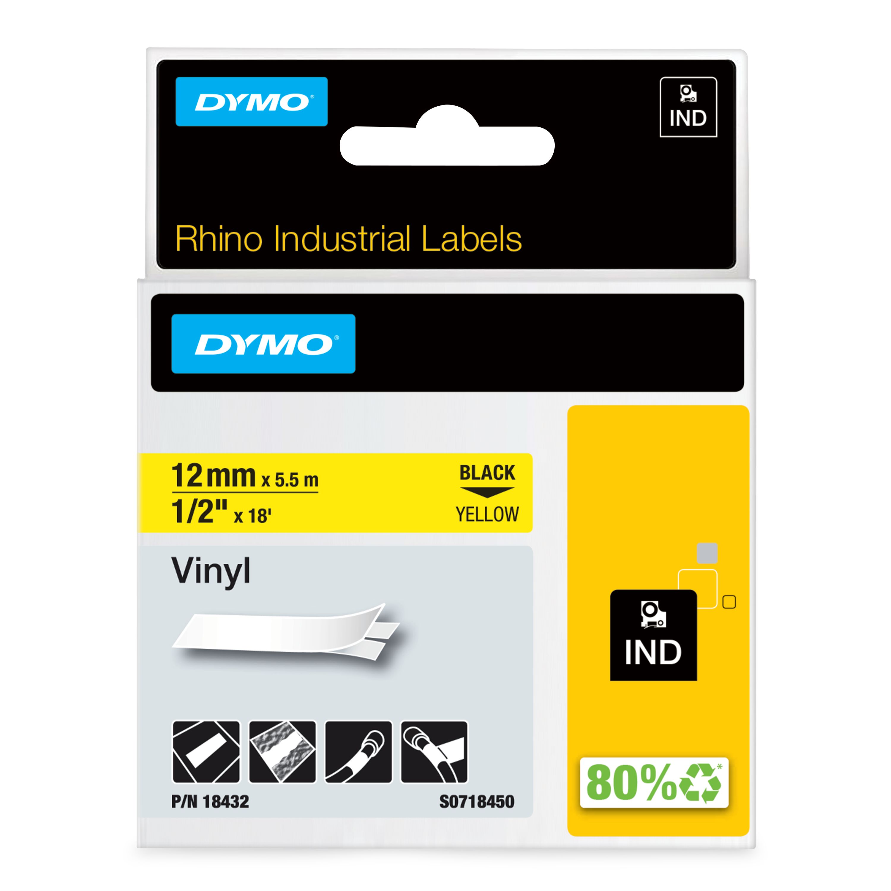 Dymo Black on Yellow Label Printer Tape, 5.5 m Length, 12 mm Width
