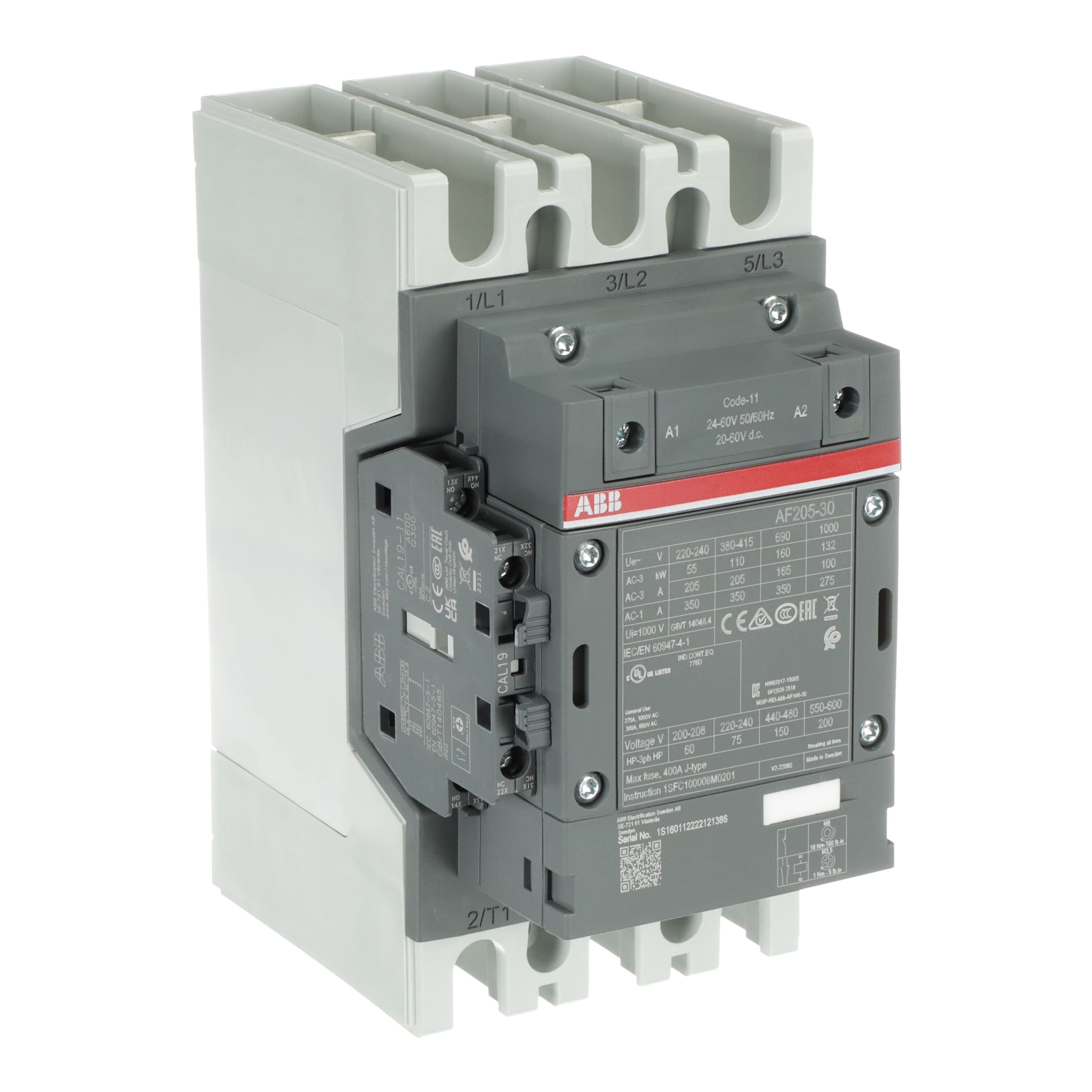 ABB AF205-30-11-11 AF Contactor, 24 V ac/dc Coil, 3-Pole, 350 A, 110 kW, 3NO, 690 V ac