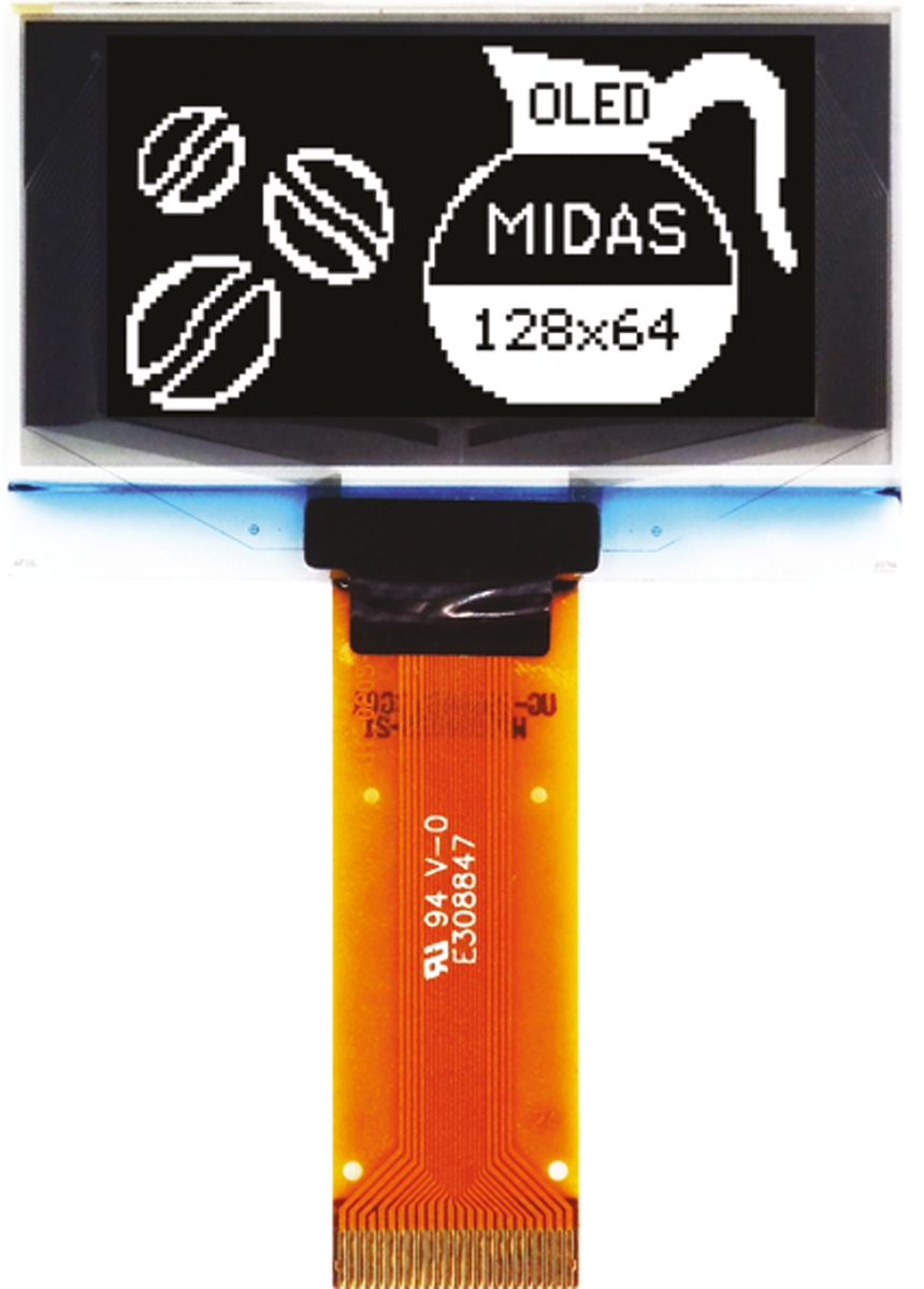 Midas 1.54in White Passive matrix OLED Display 128 x 64pixels TAB I2C, Parallel, SPI Interface