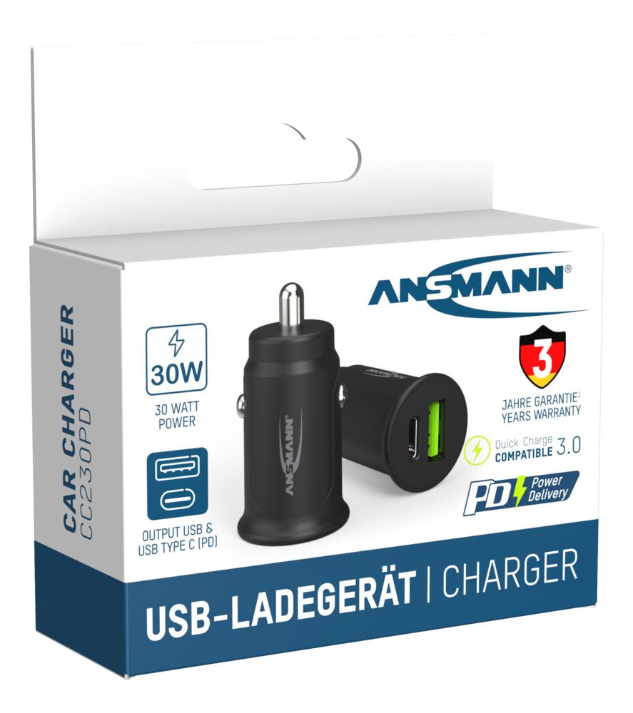 Ansmann Car Charger, 12 → 24V dc Input, 5V dc Output USB, 3A