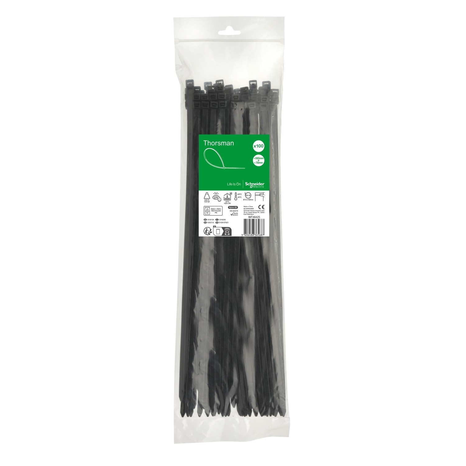 Schneider Electric Cable Tie, , 380mm x 7.6 mm, Black Nylon, Pk-1
