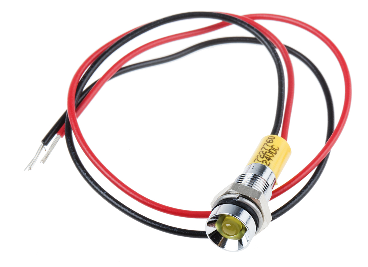 RS PRO Yellow Panel Mount Indicator, 24V dc, 6mm Mounting Hole Size, Lead Wires Termination, IP67