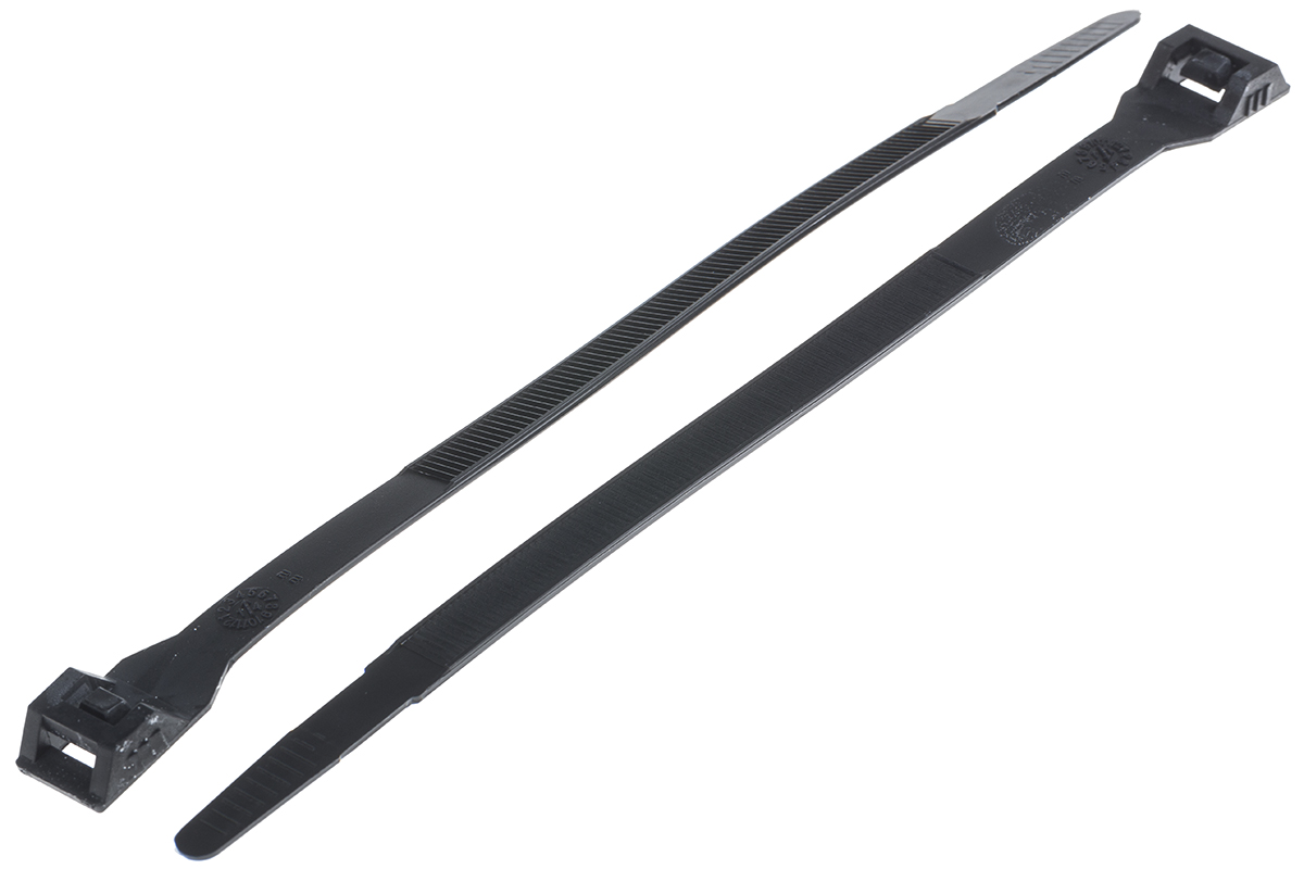 RS PRO Cable Tie, Double Locking, 201mm x 9 mm, Black Nylon, Pk-100