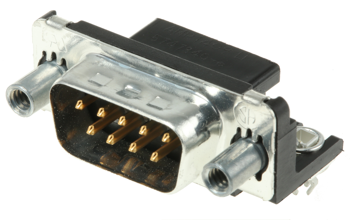 TE Connectivity Amplimite HD-20 9 Way Right Angle Through Hole D-sub Connector Plug, 2.74mm Pitch, with 4-40 UNC Female