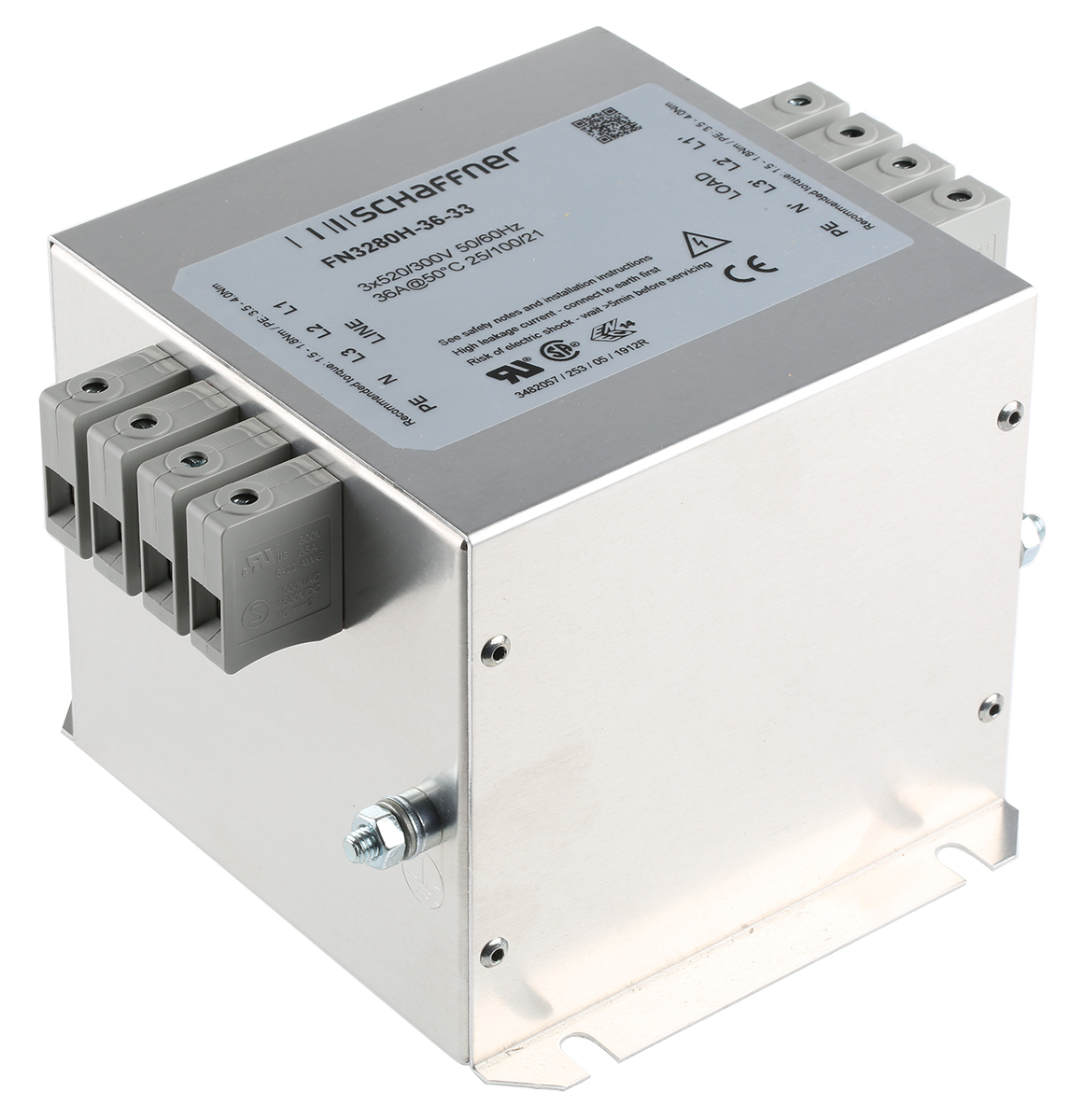 Schaffner, FN3280 36A 520/300 V ac 60Hz, Chassis Mount EMI Filter, Terminal Block 3 Phase
