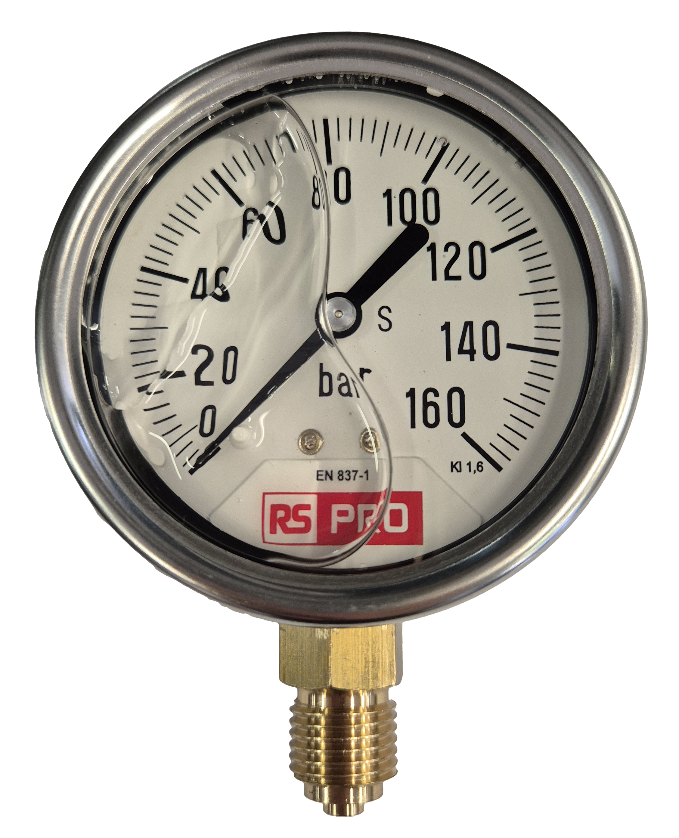 RS PRO BSP 1/4 Analogue Pressure Gauge 160bar Bottom Entry 63mm Outside Diameter