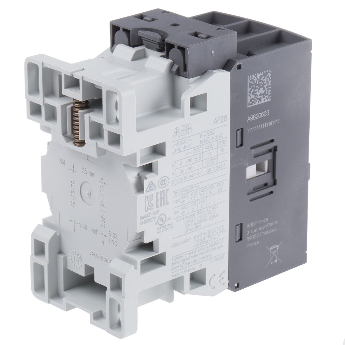 ABB AF26Z Contactor, 24 V Coil, 3-Pole, 45 A, 11 kW 60 V, 3 NO, 690V
