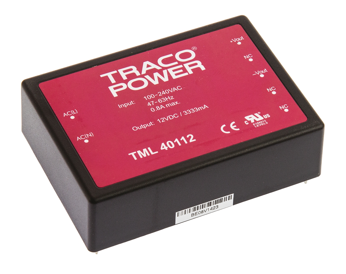 TRACOPOWER Switching Power Supply, TML 40112, 12V dc, 3.333A, 40W, 1 Output, 100 → 375 V dc, 90 → 264 V
