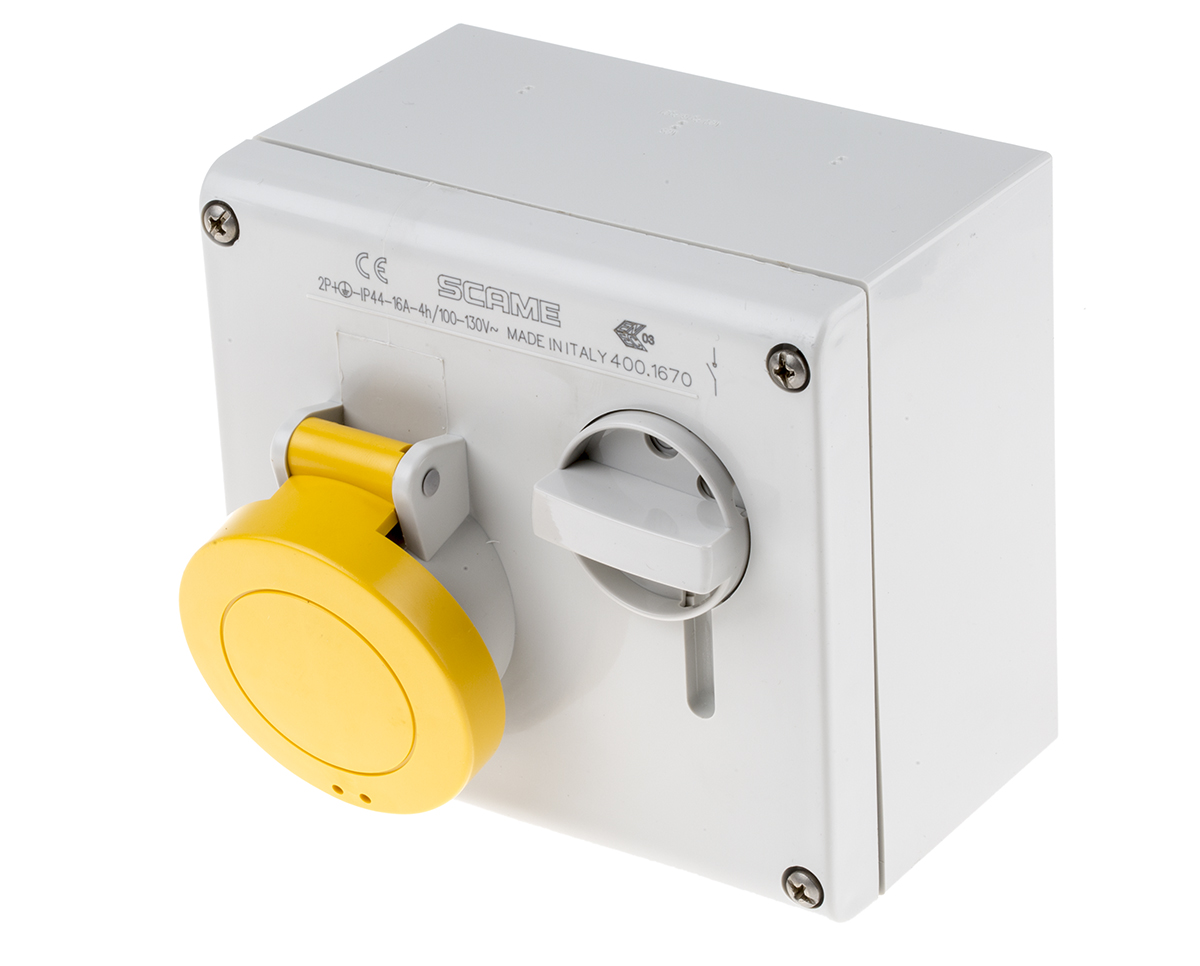 Scame Switchable IP44 Industrial Interlock Socket 2P+E, Earthing Position 4h, 16A, 130 V