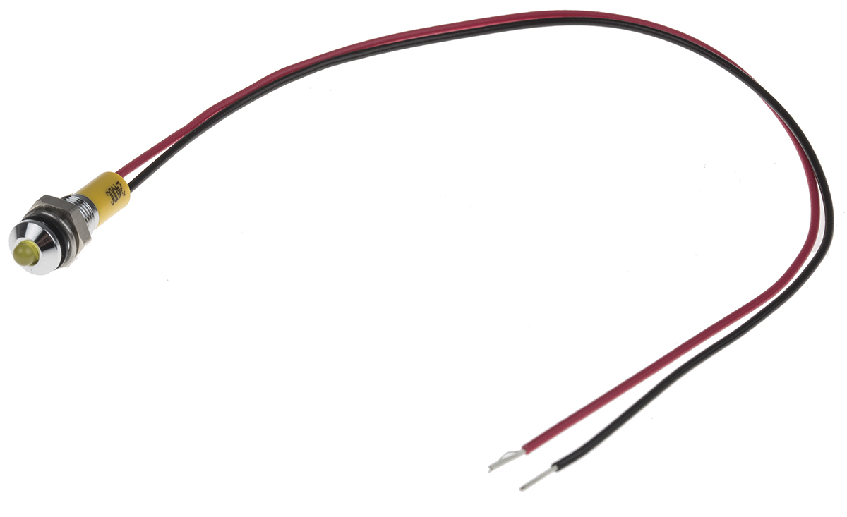 RS PRO Yellow Panel Mount Indicator, 24V dc, 6mm Mounting Hole Size, Lead Wires Termination, IP67