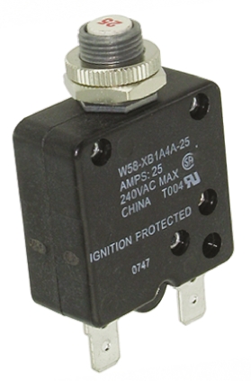 TE Connectivity Thermal Circuit Breaker - W58  Single Pole 50 V dc, 250V ac Voltage Rating, 25A Current Rating