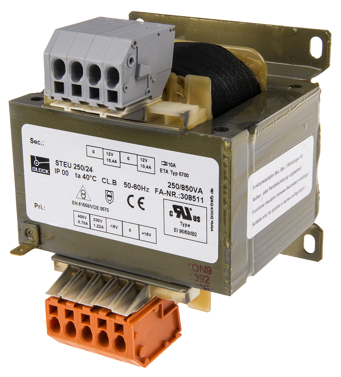 Block 250VA 2 Output Chassis Mounting Transformer, 2 x 12V ac