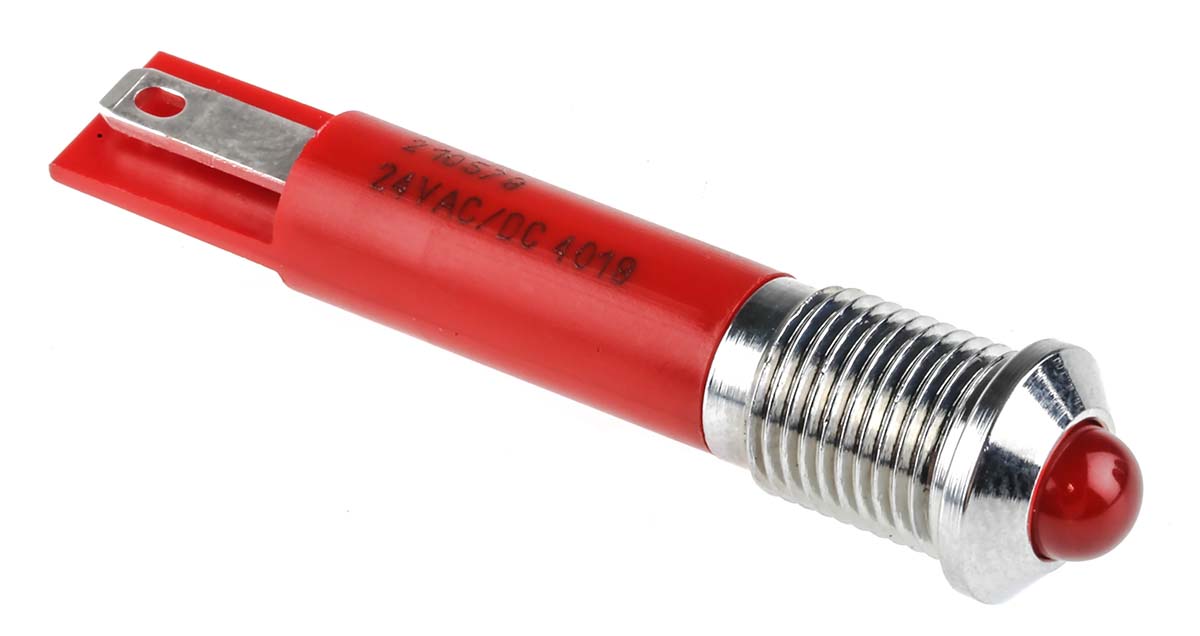 RS PRO Red Panel Mount Indicator, 24V ac, 8mm Mounting Hole Size, Solder Tab Termination