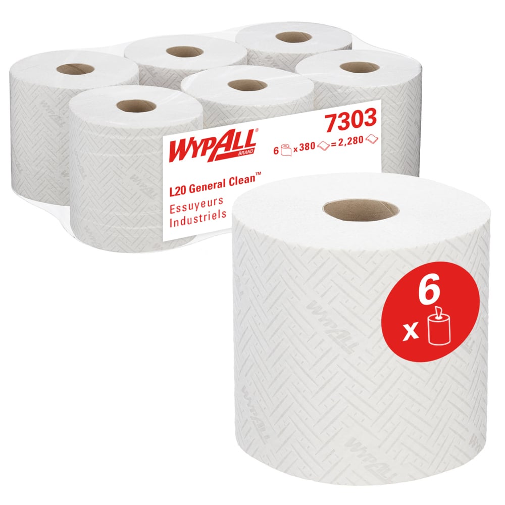 WYPALL WypAll L20 General Clean (7303) White Paper Industrial Wiping Roll, 2-Ply, 380 Sheets
