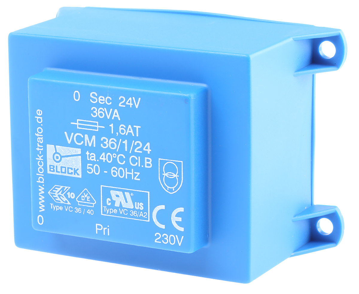 Block 24V ac 1 Output Through Hole PCB Transformer, 36VA