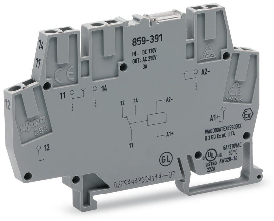 WAGO 859 Series Relay Module, DIN Rail Mount, 110V dc Coil, SPDT, 1-Pole, 5A Load