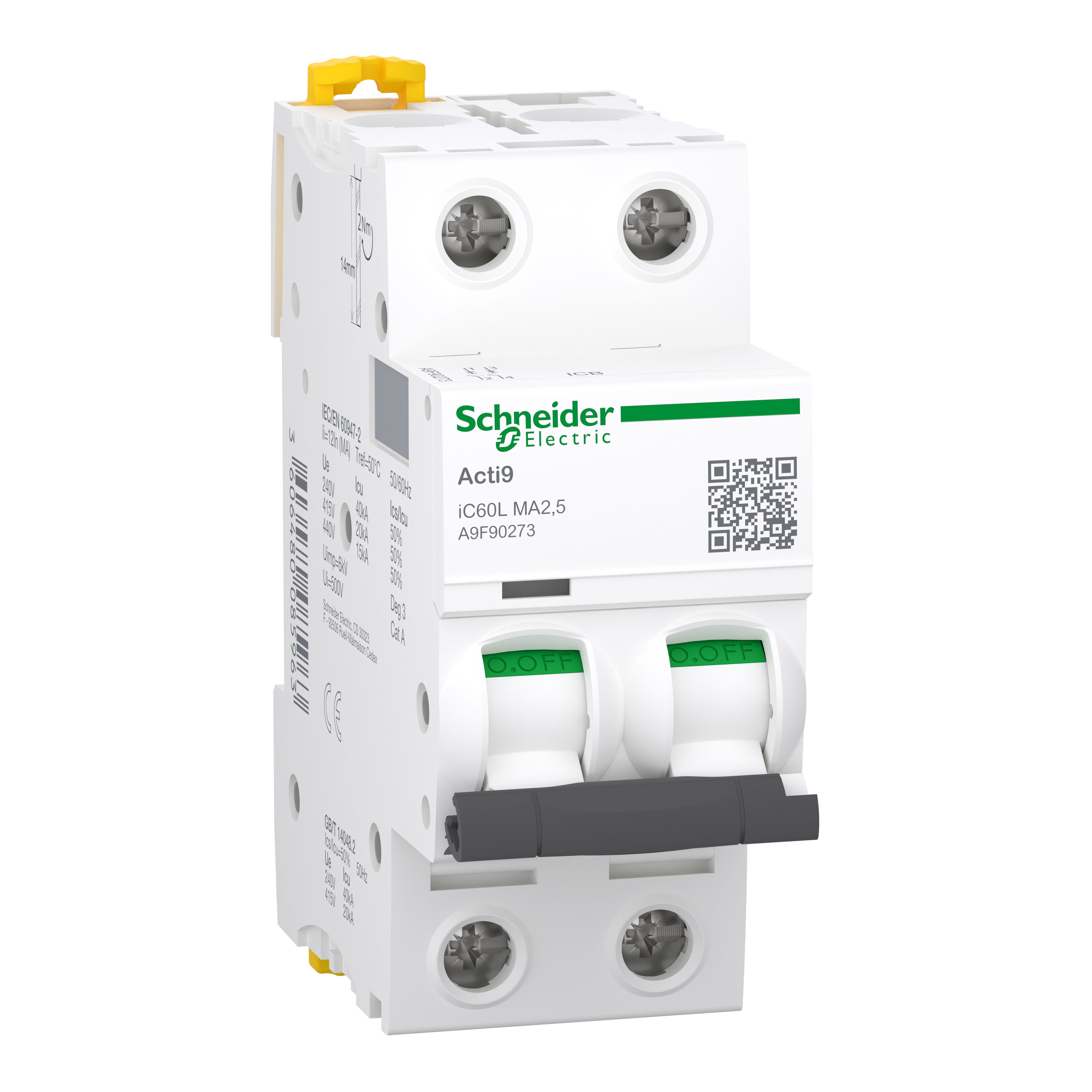 Schneider Electric Acti9 A9F MCB, 2P, 2.5A, Type AC, 440V AC, 40 kA Breaking Capacity