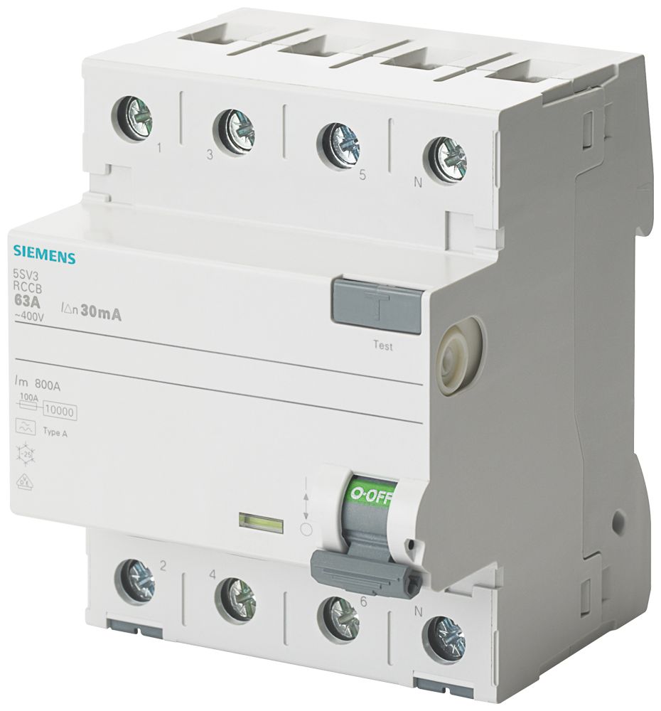 Siemens 5SV3346 RCCB, 63A, 4 Pole, 30mA, Type A, 400V ac