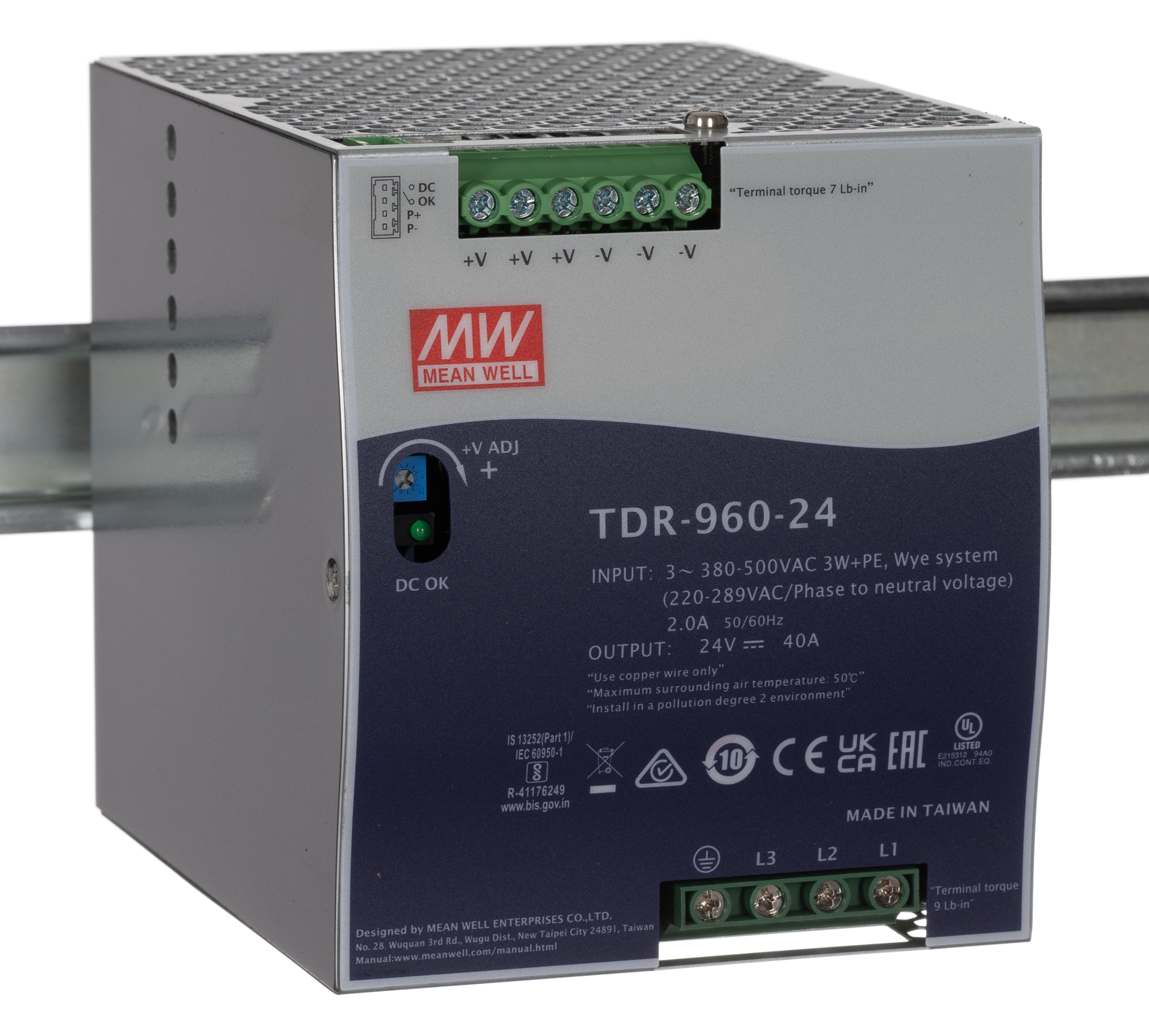 MEAN WELL TDR Switched Mode DIN Rail Power Supply, 340 → 550V ac ac Input, 24V dc dc Output, 40A Output, 960W