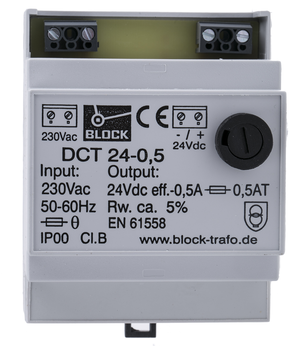 Block DCT Linear DIN Rail Power Supply, 230V ac ac Input, 24V dc dc Output, 500mA Output, 12W