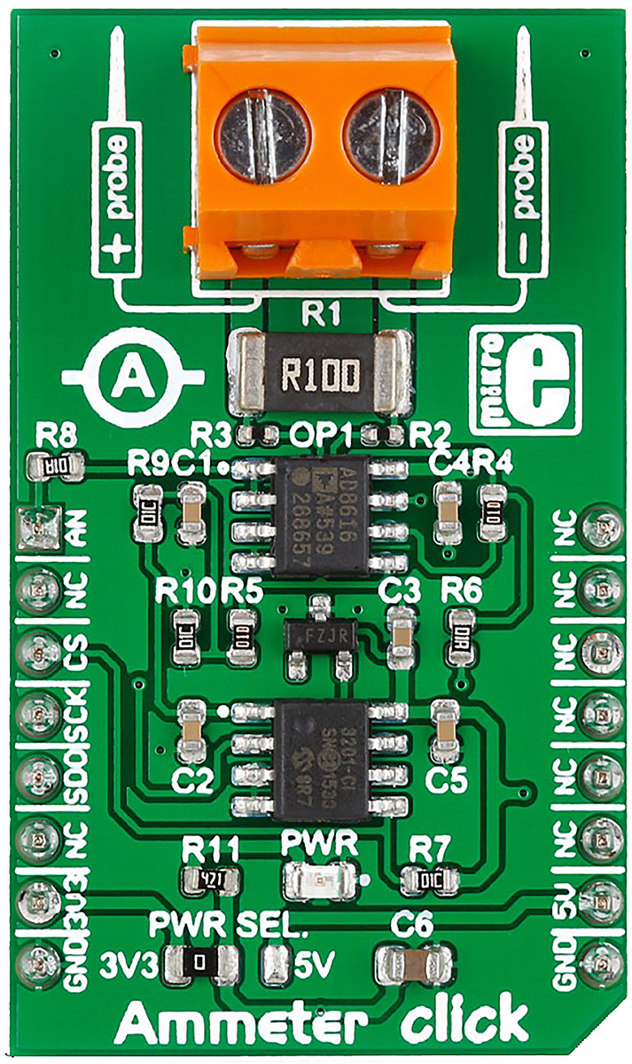 MikroElektronika Ammeter Click Current Measurement for MAX6106, MCP3201, AD8616 for MikroBus