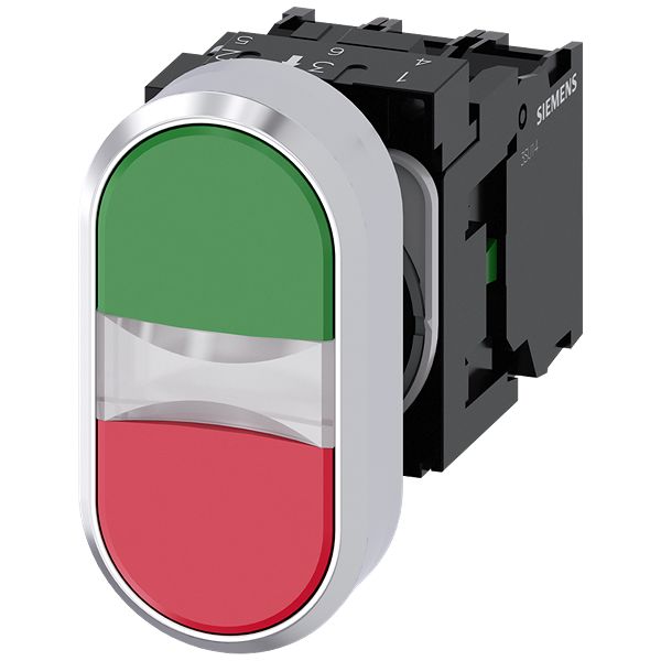 Siemens 3SU1 Series Illuminated Push Button, Momentary, Front, 29.45mm Cutout, Green, Red LED, IP66, IP67, IP69(IP69K)