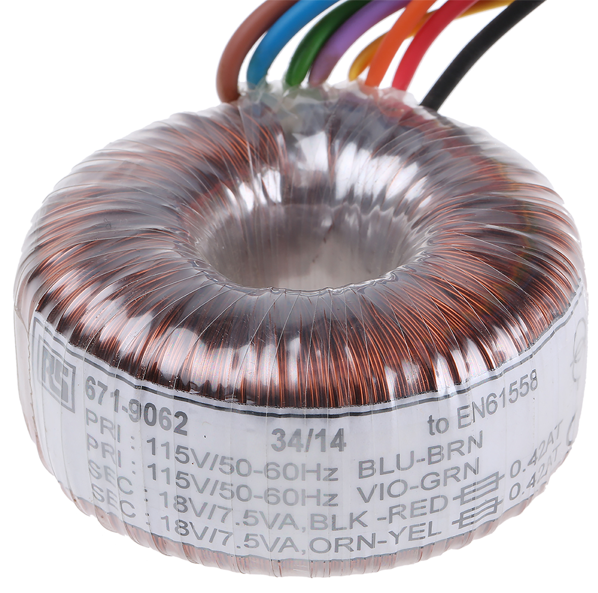 RS PRO 115 V ac, 230 V ac, 2 x 18V ac Toroidal Transformer, 15VA 2 Output