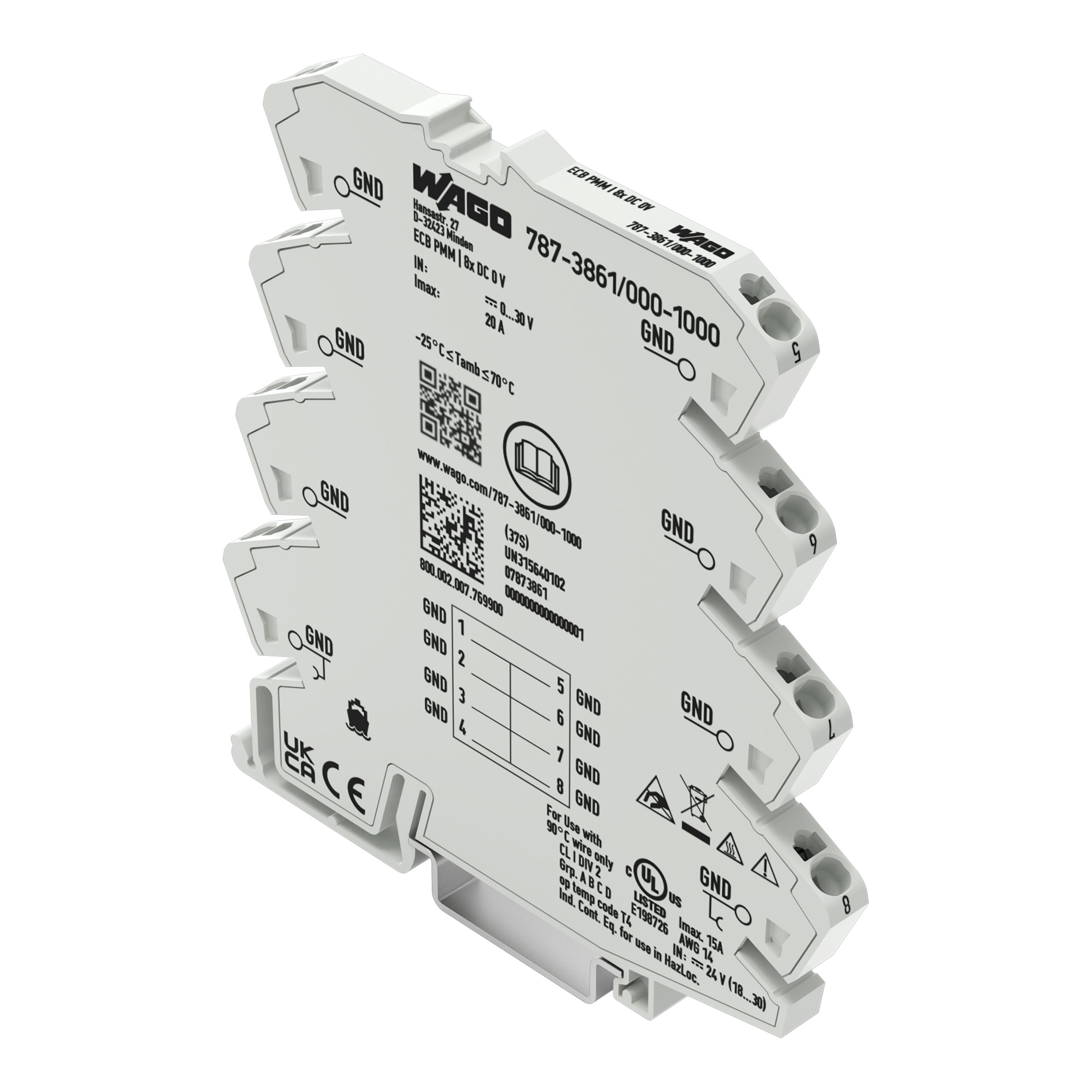 WAGO Distribution Block, 8 Way, 2.5mm², 20A, 30 V dc, White