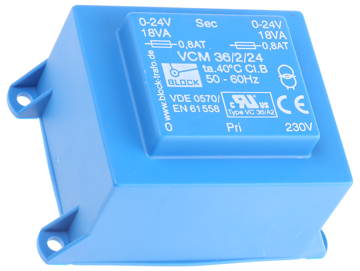 Block 24V ac 2 Output Through Hole PCB Transformer, 36VA