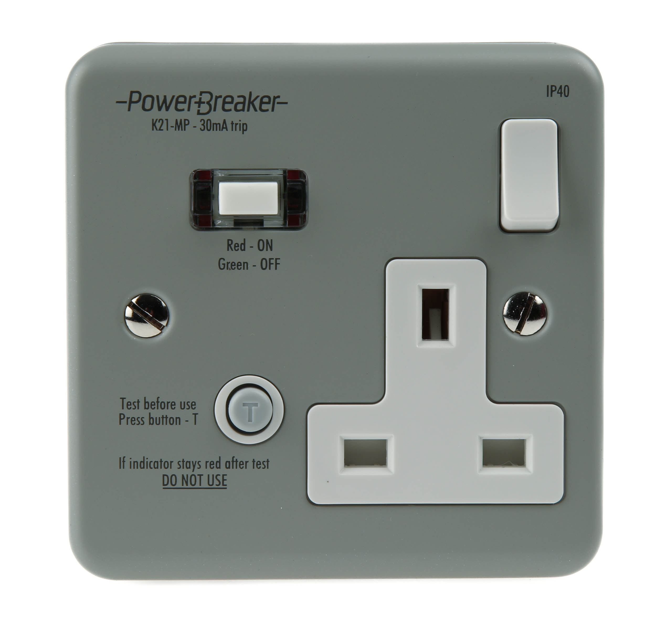 Powerbreaker PowerBreaker H 13A, BS Fixing, Passive, Single Gang RCD Socket, Surface Mount , Switched, 230 V ac, Grey