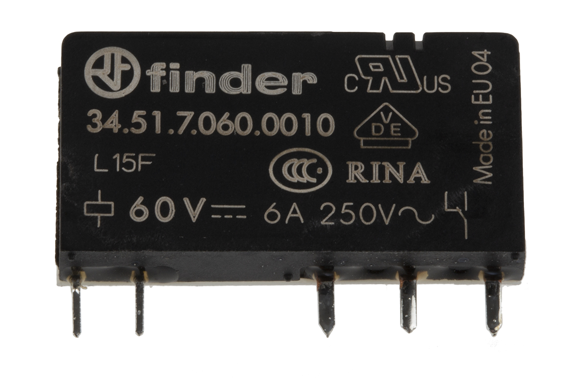 Finder PCB Mount Relay, 60V dc Coil, 6A Switching Current, SPDT