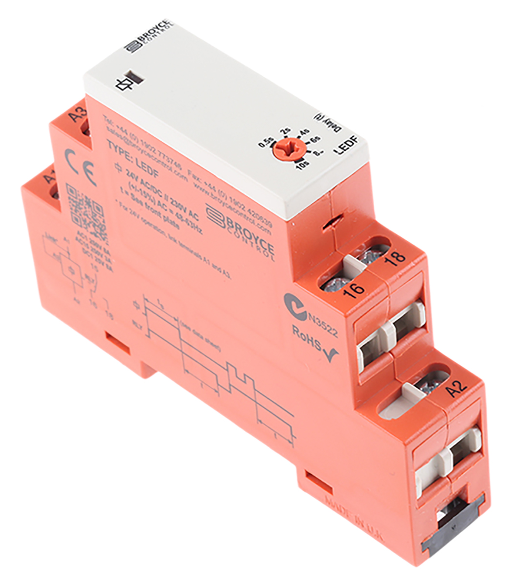 Broyce Control DIN Rail Mount Timer Relay, 230 V ac, 24V ac/dc, 1-Contact, 0.5 → 10s, 1-Function, SPDT