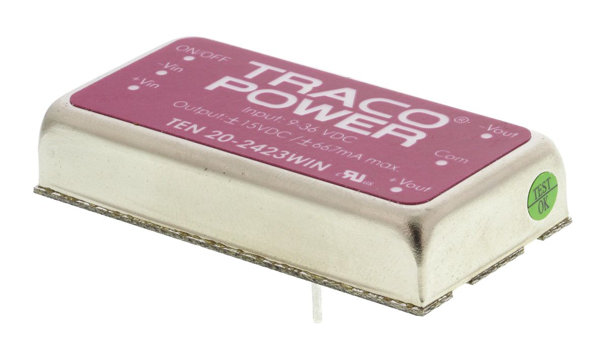 TRACOPOWER TEN 20WIN DC-DC Converter, ±15V dc/ ±665mA Output, 9 → 36 V dc Input, 20W, Through Hole, +85°C Max