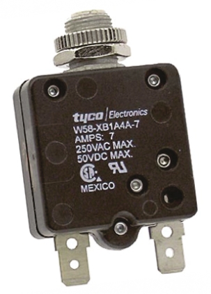 TE Connectivity Thermal Circuit Breaker - W58  Single Pole 50 V dc, 250V ac Voltage Rating, 7A Current Rating