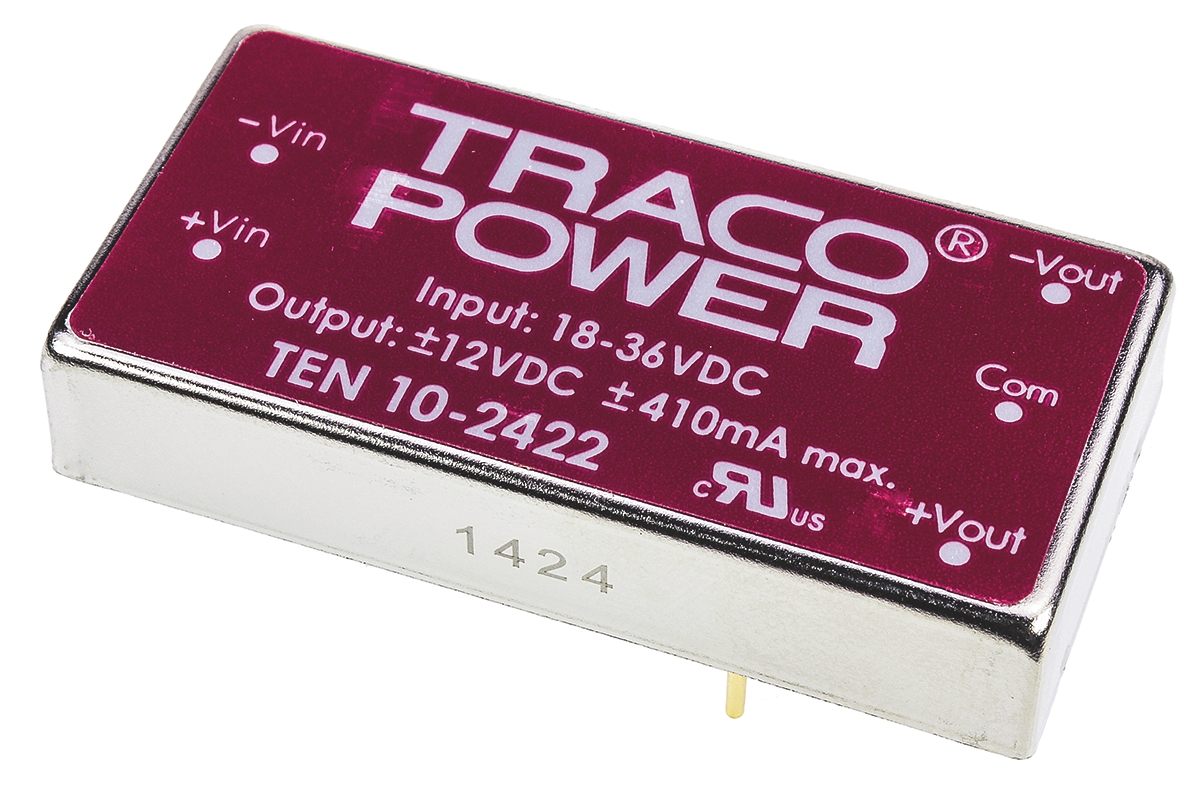 TRACOPOWER TEN 10 DC-DC Converter, ±12V dc/ ±415mA Output, 18 → 36 V dc Input, 10W, PCB Mount, +85°C Max Temp