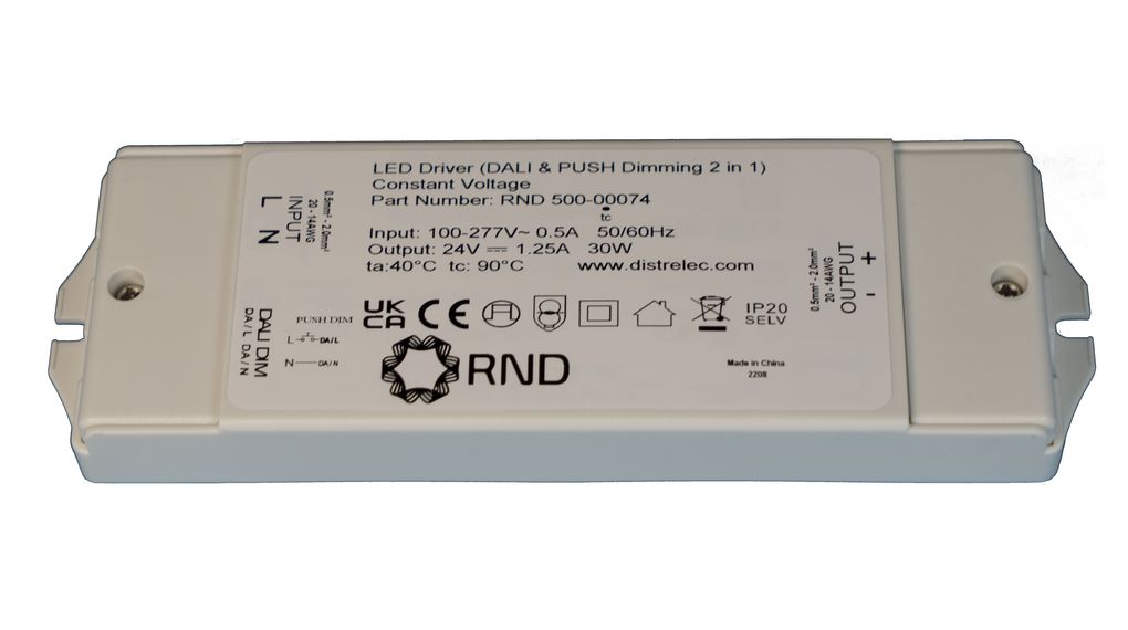 RND LED Driver, 24V Output, 30W Output, 1.25A Output, Constant Voltage Dimmable