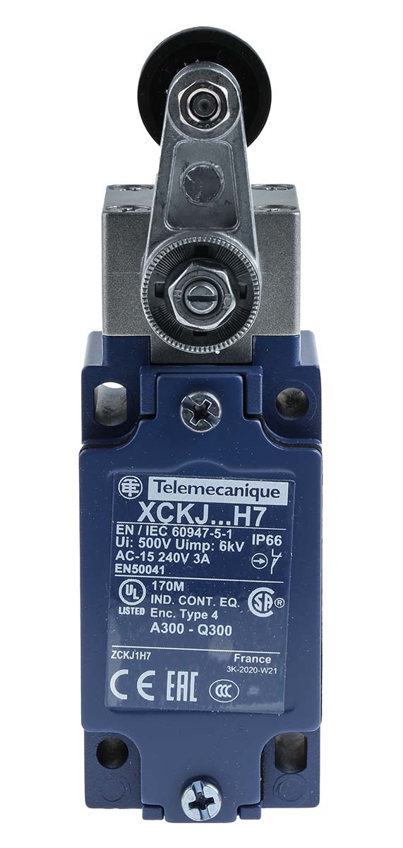 Telemecanique Sensors XCKJ Series Roller Lever Limit Switch, NO/NC, IP66, DPST, Zinc Alloy Housing, 500V ac Max, 10A Max